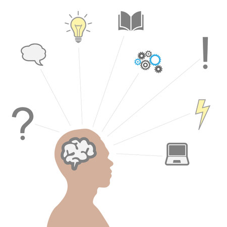 Vector illustration concept of knowledge, idea, education, creativity or communication. Human profile and symbols of learning, work and emotionsのイラスト素材