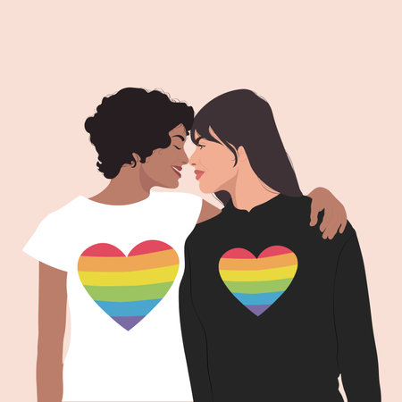 An embracing LGBT couple. A couple of girls in love smiling at each other. The concept of a...