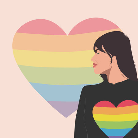 A girl on the background of a rainbow LGBT heart. A girl in a black T-shirt looks at the heart. profile view. The concept of a homosexual, a gay community, a tolerant LGBTQ society. vector illustrationのイラスト素材