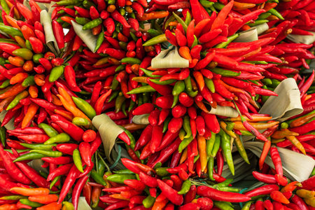 A bouquet of hot chili peppers, green and red. Bright, juicy, hot chili pepper close-up. Background image, image for advertising, product salesの写真素材