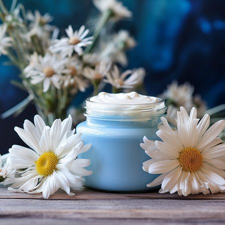 Cream in a jar. Face and body care. Cosmetics in small jar near chamomile flowers on blue background copy spaceの写真素材