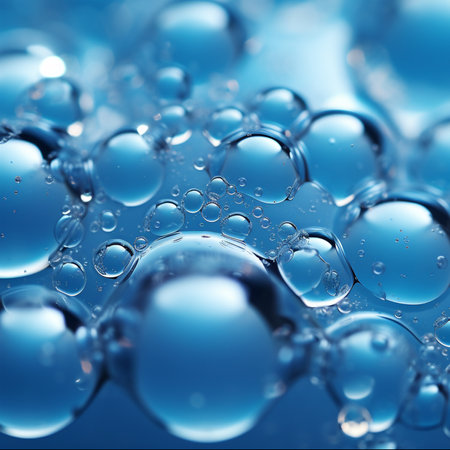 Water bubbles close-up. Blue air bubbles in the liquid. Cleansing and the use of cosmetics. Illustration of foam bubbles macroの写真素材
