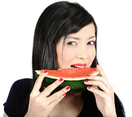 Beautiful young asian girl eating watermelonの写真素材