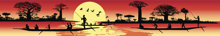 an African panoramic landscape coastline with canoesのイラスト素材