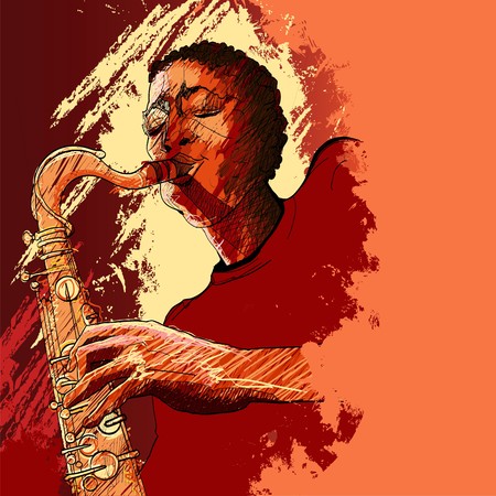 a saxophonist on a grunge backgroundの写真素材