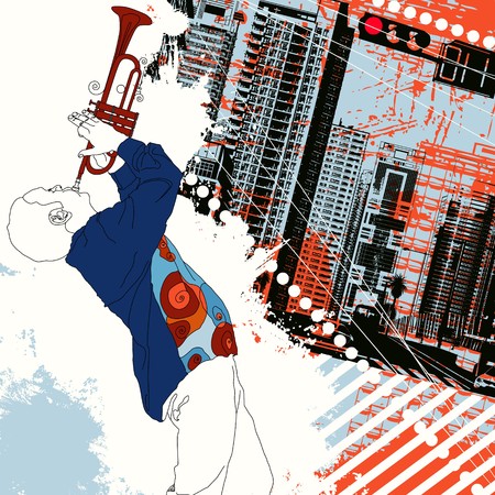 a trumpet player in the cityの写真素材