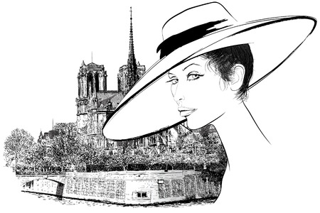  representation of a woman nearby Notre Dame in Paris (hand drawing)のイラスト素材