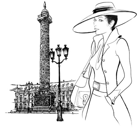representation of a woman nearby Vendome column in Paris (hand drawing)のイラスト素材