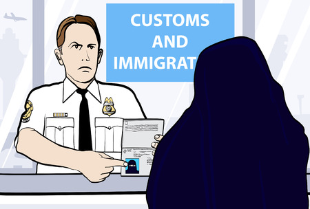 Conceptual illustration of a passport control of woman wearing niqabのイラスト素材