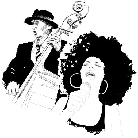 Vector illustration of an afro american jazz singer and a double-bass playerのイラスト素材