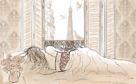 woman sleeping in Parisのイラスト素材