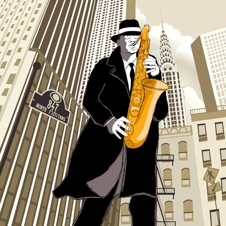 illustration of saxophone player in a street のイラスト素材