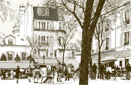 illustration of a view of Montmartre in Paris under snowのイラスト素材
