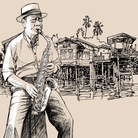 Vector illustration of a jazz saxophonist playing at a river bankのイラスト素材