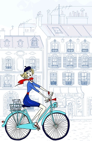 illustration of a woman riding a bicycle in Parisのイラスト素材