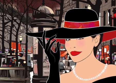Illustration of a woman strolling  boulevard in Paris at nightのイラスト素材