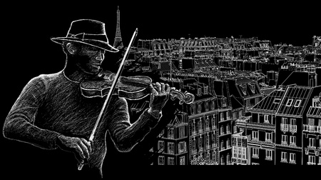  illustration of a violinist on a backround of roofs in Parisのイラスト素材