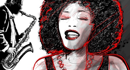 Illustration of an afro american jazz singer with saxophone playerのイラスト素材