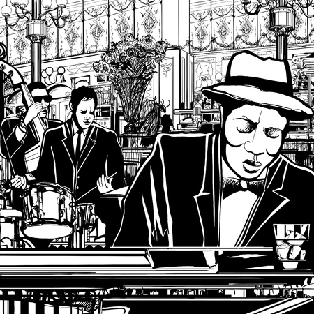 Illustration of a piano-Jazz band in a restaurantのイラスト素材