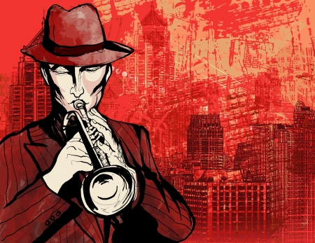 Illustration of a trumpet player over a cityscape grunge backgroundのイラスト素材