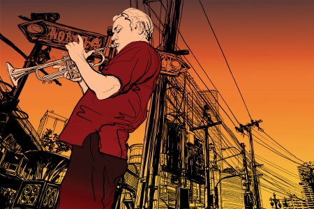 Illustration of a trumpeter on a  cityscape backgroundのイラスト素材
