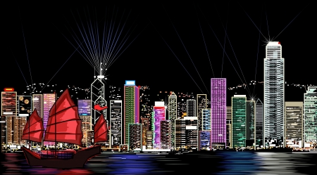 illustration of Hong Kong by night のイラスト素材