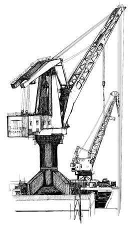 vector illustration of two cranes in a harbourのイラスト素材