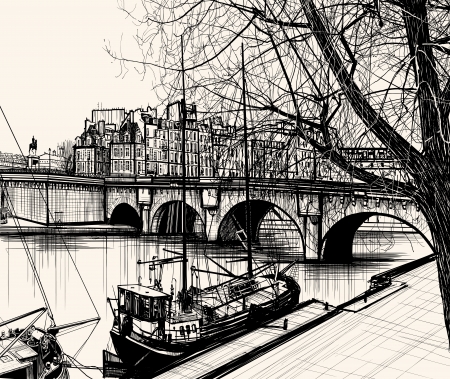 Illustration of Paris- Ile de la Cite - Pont neuf (hand drawing)のイラスト素材