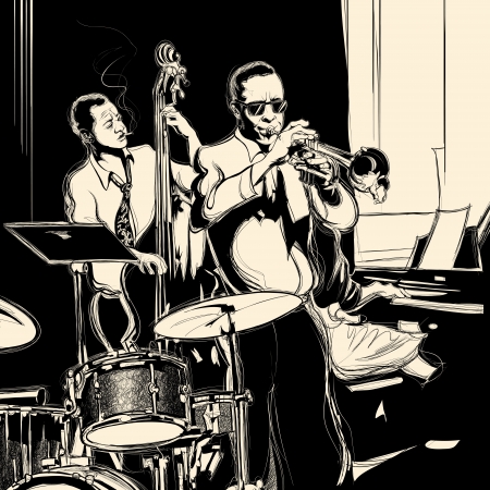 Vector illustration of a Jazz band with double-bass - trumpet -piano and drumのイラスト素材