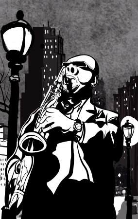 Vector illustration of saxophone player in a street at nightのイラスト素材