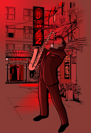 illustration of saxophone player in a street at nightのイラスト素材