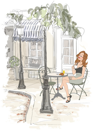 Montmarte in Paris - woman on holyday having breakfast at a terrace of an hotel - vector illustrationのイラスト素材