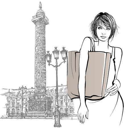Young woman shopping in Paris - Vector illustrationのイラスト素材
