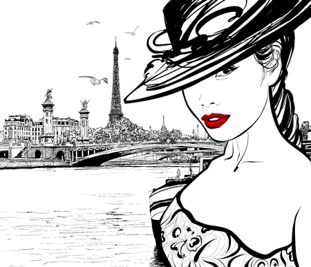 Young woman near the Seine river in Paris with Eiffel tower in the background - Vector illustrationのイラスト素材