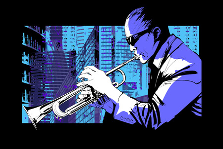 Jazz trumpet player over a city background - Vector illustrationのイラスト素材