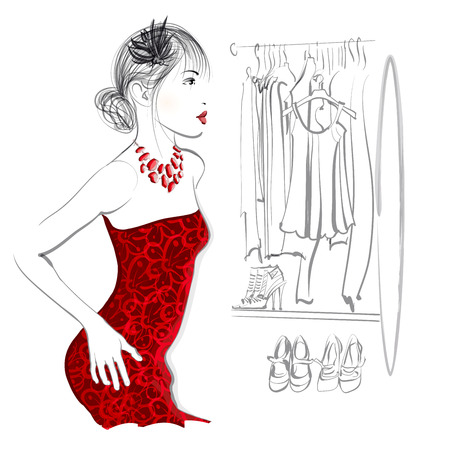 Young woman trying red dress looking in mirror, standing in clothes store or in a dressing - vector illustrationのイラスト素材