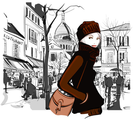 Woman in Montmartre square Paris - Vector illustrationのイラスト素材