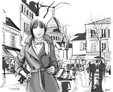 Woman in Montmartre square Paris - Vector illustrationのイラスト素材