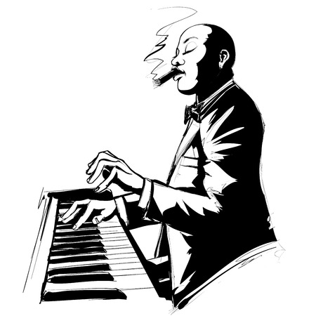 Jazz pianist in black and white smoking cigar - Vector illustrationのイラスト素材
