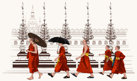 Buddhist monks walking in a temple - vector illustrationのイラスト素材