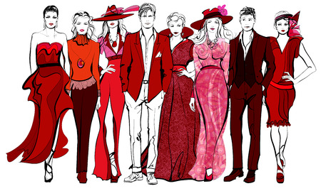Colorful fashion women and men defile - vector illustrationのイラスト素材