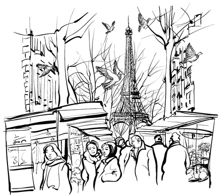 view of a market in Paris near the Eiffel tower - vector illustrationのイラスト素材