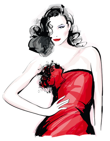 Fashion model with red dress - Vector illustrationのイラスト素材