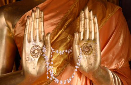 Hands of Buddha with Jasmine flowersの写真素材