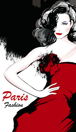 Young pretty fashion model with red dress in Paris - Vector illustrationのイラスト素材