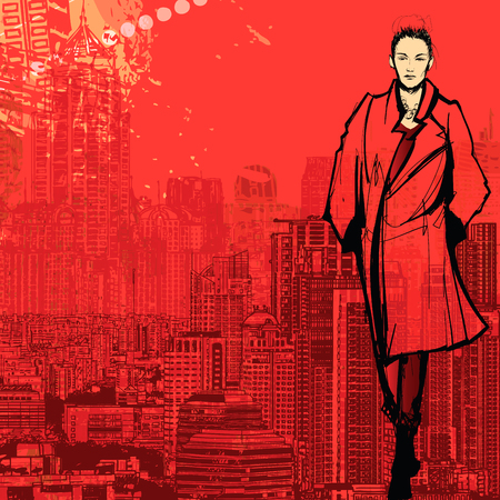 Woman fashion model in New York - Vector illustrationのイラスト素材