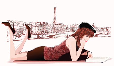 Young  girl reading along the Seine river in Paris - illustrationのイラスト素材