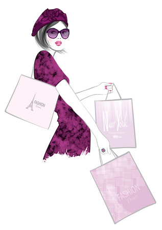 Pretty Woman shopping in Paris - vector illustrationのイラスト素材