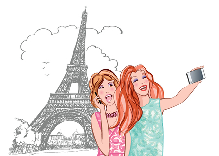 Women tourists at Eiffel Tower in Paris making travel selfie - vector illustrationのイラスト素材
