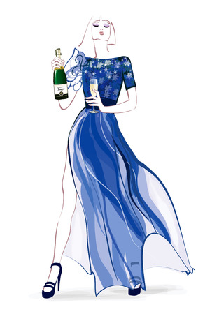 Woman in evening dress with glass and bottle of champagne - vector illustrationのイラスト素材